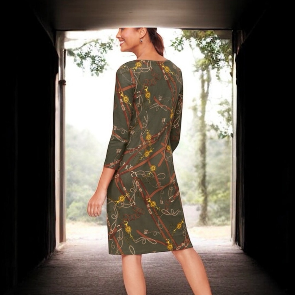TALBOTS PETITE OLIVE GREEN EQUESTRIAN PRINT SHIFT DRESS SIZE LP - Picture 3 of 16